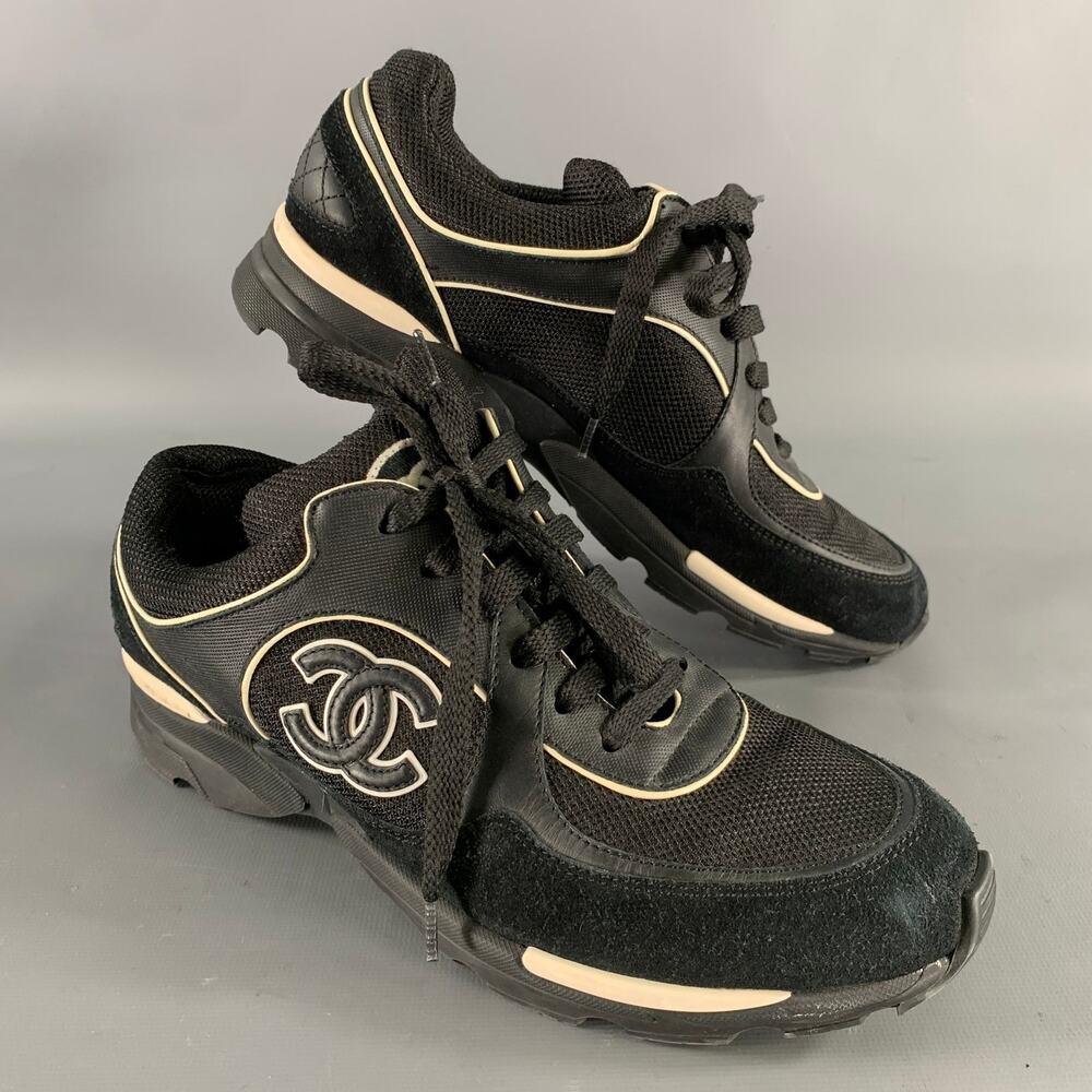 CHANEL Size 9 Black White M G26582 39 Monogram Trainer Sneakers
